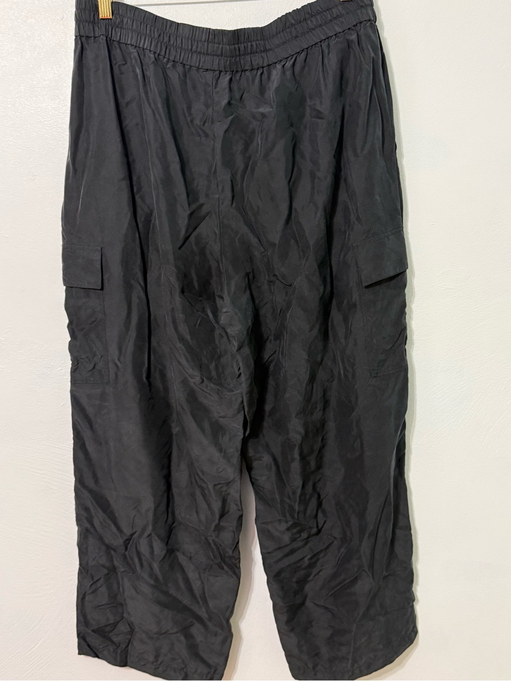 Eileen Fisher Black Wide-Leg Cargo Drawstring Pants Petite Large 100% Silk - Picture 7 of 11